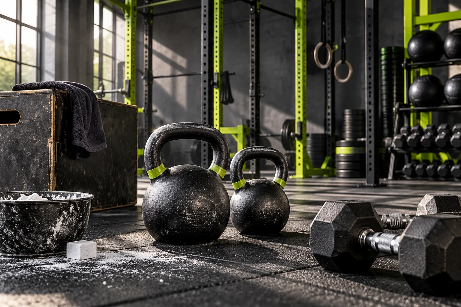 Illustratieve kettlebells, halters en krijt in een trainingsruimte, geen foto van CrossFit Hoogvliet